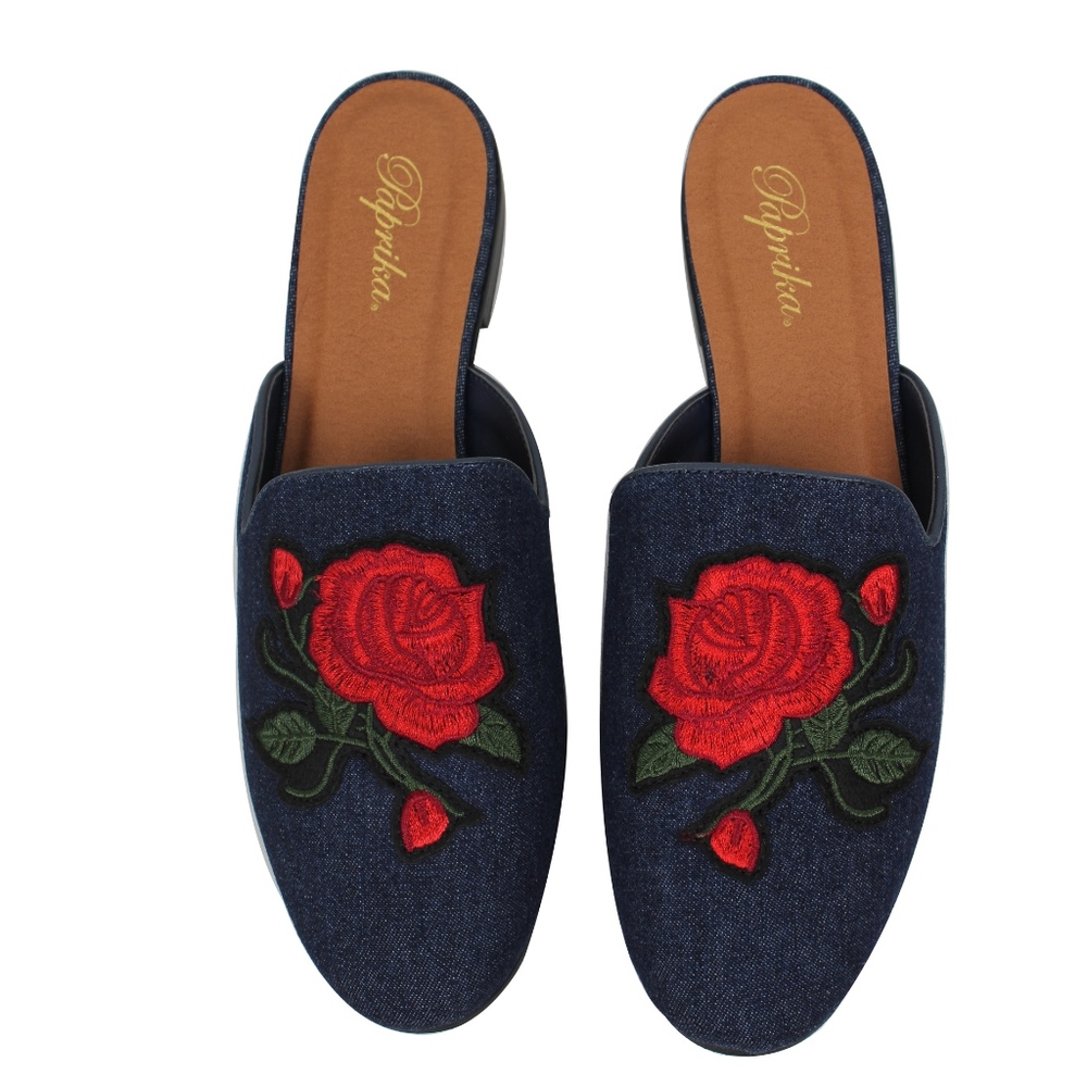 Blue Rose Embroidery Backless Slip On Loafer Mule - Picture 2 of 6